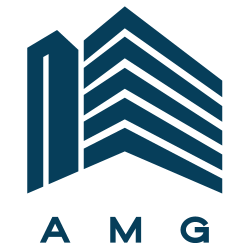 A blue graphic with the letters "AMG" below it.